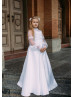 White Satin Lace Pearl Beaded Flower Girl Dress